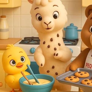 Puede incluir: Una escena de cocina caprichosa con personajes de dibujos animados. Un pollito amarillo bate la masa en un cuenco azul, mientras que una llama y un oso hornean galletas. Galletas con chispas de chocolate están en una bandeja y en la encimera. Una olla está en la estufa.