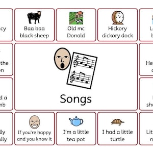 Op de afbeelding: Een rechthoekige educatieve kaart met de titel Songs, voorzien van een centraal icoon van een zingend gezicht met muzieknoten, omringd door twaalf kleinere vierkanten. Elk vierkant bevat een kleurrijke illustratie en tekst voor kinderliedjes zoals Incy Wincy Spider, Baa Baa Black Sheep, Old Mc Donald, Hickory Dickory Dock, London Bridge, Polly Put The Kettle On, Hey Diddle Diddle, Mary Had A Little Lamb, Head Shoulders, Miss Polly Had A Dolly, If You're Happy And You Know It, I'm A Little Tea Pot, I Had A Little Turtle en Little Miss Muffet.