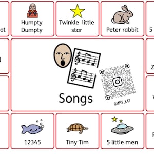 Könnte beinhalten: Eine Sammlung illustrierter Songtitel auf weißem Hintergrund. Die Illustrationen umfassen ein Boot, Humpty Dumpty, einen Stern, ein Kaninchen, Enten, Frösche, eine Rakete, einen Bus, Affen, einen Fisch, eine Schildkröte und einen Teddybären.