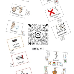 Puede incluir: Un conjunto de tarjetas de comunicación visual con texto e ilustraciones. Las tarjetas incluyen "sitting", "thinking eyes", "listening", "5 more minutes", "finished", "keep feet on floor", "no throwing in class", "walk in the classroom", "I need", "tidy up time", y "I am feeling".