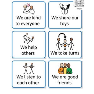 May include: Six educational cards with blue borders and white backgrounds. Each card has an illustration and text promoting kindness and positive behaviour, such as sharing toys and taking turns. The title "We are kind learners" is at the top of the cards.