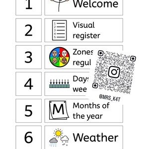 May include: A white educational chart with six sections. Each section has a number and a title: Welcome, Visual register, Zones regul, Days wee, Months of the year, and Weather. A QR code is in the right corner.