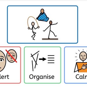 Peut inclure: Un tableau de communication visuelle avec un panneau supérieur montrant des personnages sautant à la corde, assis sous une couverture et en équilibre. La rangée inférieure présente trois carrés étiquetés Alert, Organise et Calm.