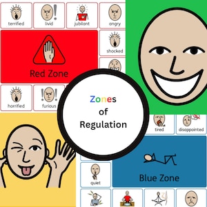 Op de afbeelding: Een kleurrijke educatieve kaart getiteld "Zones of Regulation" met verschillende emotionele toestanden. De kaart bevat de "Rode Zone" met een handsymbool en de "Blauwe Zone" met een liggende persoon. Andere zones zijn ook afgebeeld.