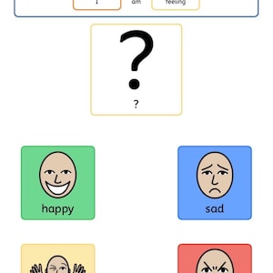Può includere: Una tavola di comunicazione con il testo I am feeling seguito da un grande punto interrogativo. Sotto ci sono quattro quadrati colorati con facce da cartone animato etichettate come happy in verde, sad in blu, silly in giallo e angry in rosso.