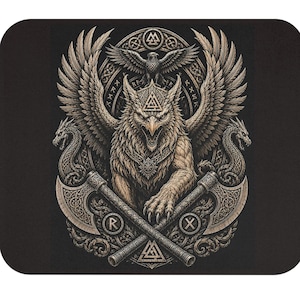 May include: A rectangular mousepad featuring a detailed beige and black illustration of a winged griffin centered above two crossed battle axes. The design includes a raven, intricate knotwork, runic symbols, and a triangular valknut emblem.
