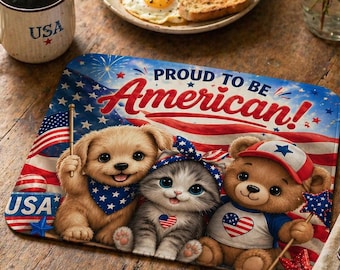 Patriotic Pets Leather Placemat | Puppy, Kitten, Bear USA Decorations