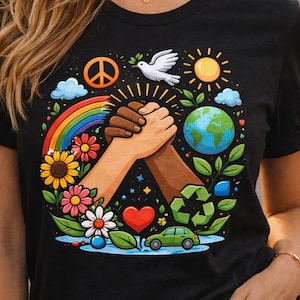 May include: Black t-shirt featuring a colorful graphic of two hands clasped together, surrounded by a rainbow, flowers, a dove, the Earth, and a green car. The design includes a peace symbol, a heart, and a recycling symbol.