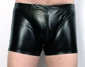 PU Leather Men's Boxer With Two-Way Zippered Bulge-Enhanced Front