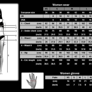 Pu&ograve; includere: Una tabella di taglie per abbigliamento e guanti da donna. La tabella mostra le misure in pollici e centimetri per diverse taglie, tra cui XS, S, M, L e XL. La tabella include le misure per il petto, sotto il petto, la vita, i fianchi e la lunghezza.