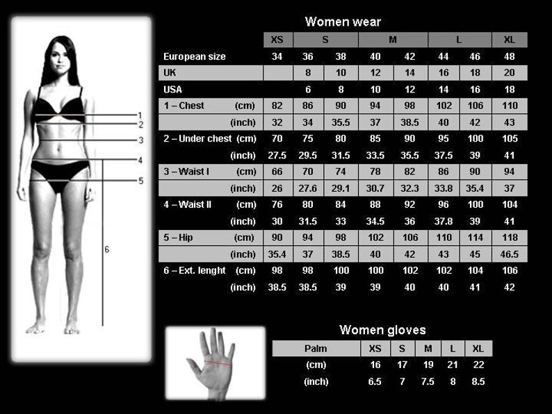 Pu&ograve; includere: Una tabella di taglie per abbigliamento e guanti da donna. La tabella mostra le misure in pollici e centimetri per diverse taglie, tra cui XS, S, M, L e XL. La tabella include le misure per il petto, sotto il petto, la vita, i fianchi e la lunghezza.