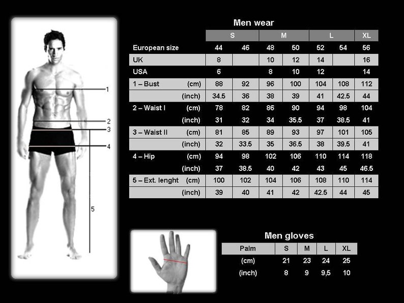 Pu&ograve; includere: Tabella delle taglie per abbigliamento e guanti da uomo. La tabella mostra le misure in pollici e centimetri per diverse taglie, tra cui S, M, L e XL. La tabella include anche le misure per il busto, la vita, i fianchi e la lunghezza.
