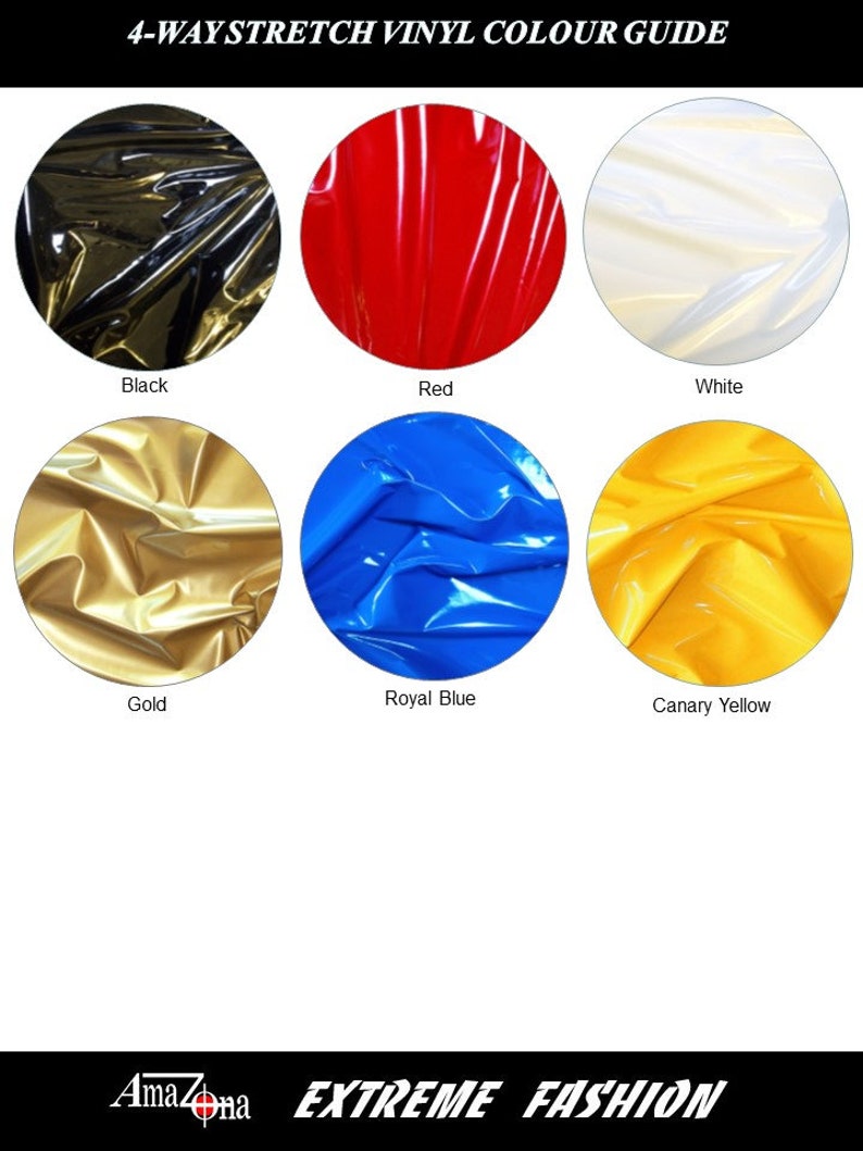 Pu&ograve; includere: Tabella colori che mostra 6 colori diversi di tessuto in vinile elasticizzato a 4 vie. I colori sono nero, rosso, bianco, oro, blu reale e giallo canarino.