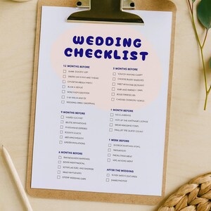 Può includere: Una lista di controllo del matrimonio su un appoggio per appunti in legno con una clip dorata. La lista di controllo ha un cerchio rosa con le parole "WEDDING CHECKLIST" in blu. Una tazza di caffè, una matita e della vegetazione sono anche nell'immagine.