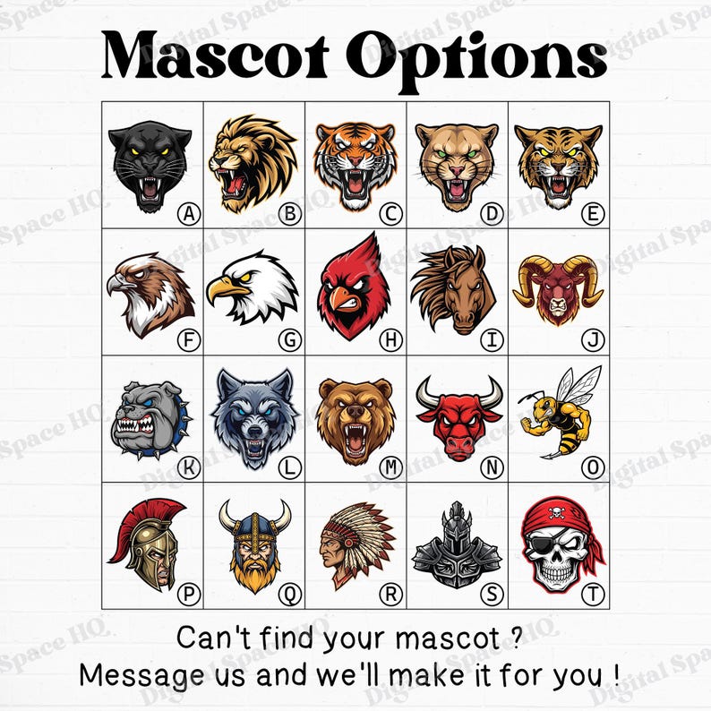 May include: A grid of mascot options featuring various animal and character illustrations. Includes a black panther, lion, tiger, cougar, eagle, cardinal, horse, ram, bulldog, wolf, bear, bull, bee, and more. Text reads "Mascot Options".