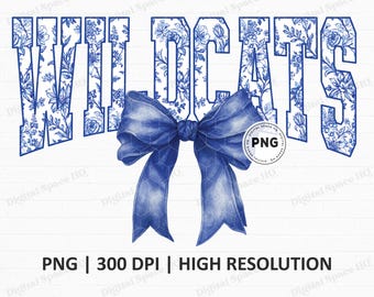 May include: A digital graphic featuring the word "WILDCATS" in blue floral print lettering, with a blue bow in the center. The image includes the text "PNG | 300 DPI | HIGH RESOLUTION".
