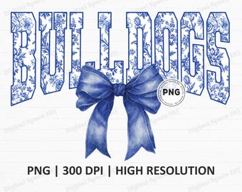 May include: A digital graphic featuring the word "BULLDOGS" in blue with a floral pattern. A blue bow is centered below the word. The image includes the text "PNG | 300 DPI | HIGH RESOLUTION".