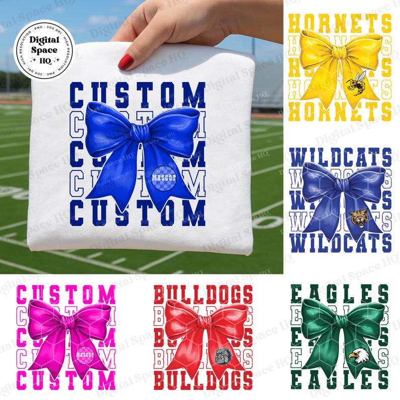 May include: White t-shirts with bow designs in various colors, including blue, yellow, pink, red, and green. Each bow has a team name and mascot. The word "CUSTOM" is printed on some shirts.