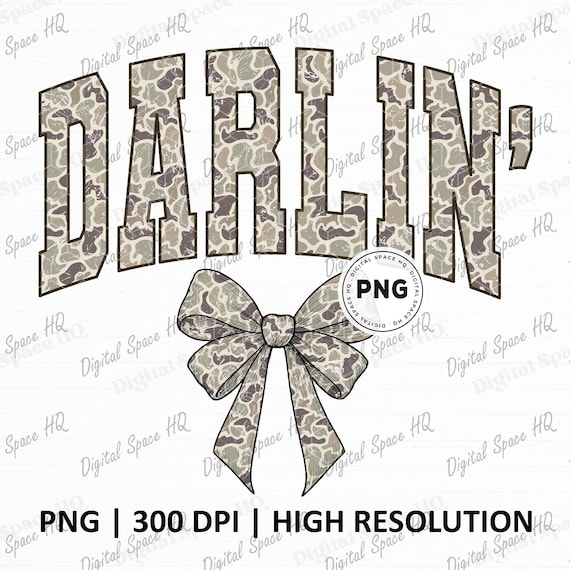 Darlin' Camo Bow PNG, Western Distressed Varsity PNG, Country Cowgirl Cowboy PNG, Old Camouflage Bow  Hunting, Retro Coquette Darling png