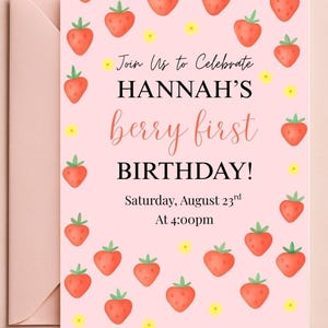 Berry First Birthday Invitation Strawberry Theme | 1st Birthday Party Invite | Editable Canva Template | Instant Download | Girl&#39;s Birthday