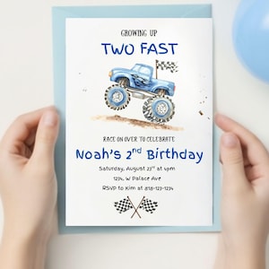 Verjaardagsuitnodiging Monster Truck | Bewerkbare Monster Truck-feestuitnodiging | Twee snel-thema | Sjabloon 2e verjaardag | Direct downloaden