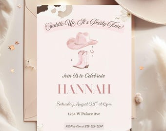 Invitación de cumpleaños de vaquera rosa / Plantilla editable para fiesta de vaquera occidental / Invitación de rodeo / Tema de vaquera ruborizada / Descarga digital