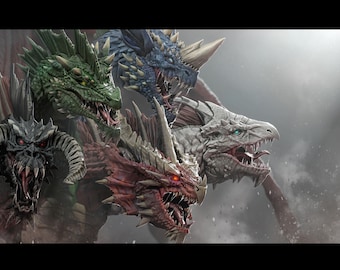 Tiamat Dungeons & Dragons Five-Headed Dragon Fan Art – Legendary Fantasy 3D STL Statue - 3D Model - Stl File for 3D Printers