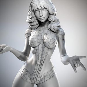May include: A grayscale sculpture of a woman in a spiderweb-patterned bodysuit. The figure has long, wavy hair and is posed with one hand in a web-slinging gesture. The sculpture is detailed and appears to be a superheroine.