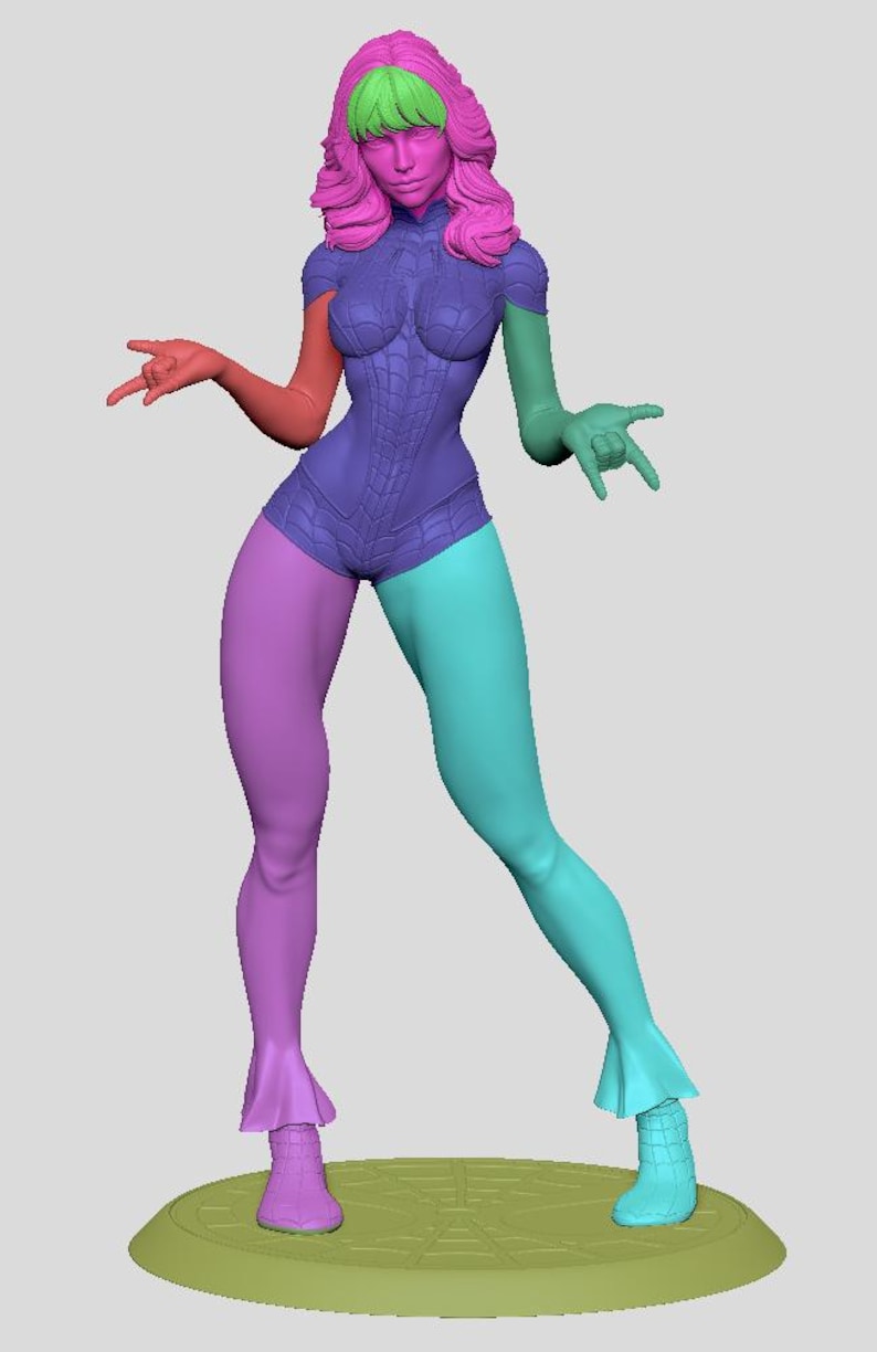 Puede incluir: Una colorida figura impresa en 3D de una superhero&iacute;na. La figura posa con una mano haciendo un gesto de rock and roll y la otra mano haciendo un gesto de lanzamiento de telara&ntilde;a. La figura lleva un body morado con un dise&ntilde;o de telara&ntilde;a.