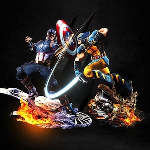 以下が含まれることがあります： キャプテン・アメリカとウルヴァリンが戦うダイナミックな像。キャプテン・アメリカは青、白、赤のスーツを着て盾を持っています。ウルヴァリンは黄色と青のスーツを着て、爪を突き出しています。ベースには炎と瓦礫があります。