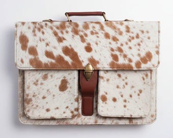 Maletín para portátil de piel de vacuno / Bolso de oficina de piel con pelo hecho a mano / Bolso bandolera de piel de 17 pulgadas
