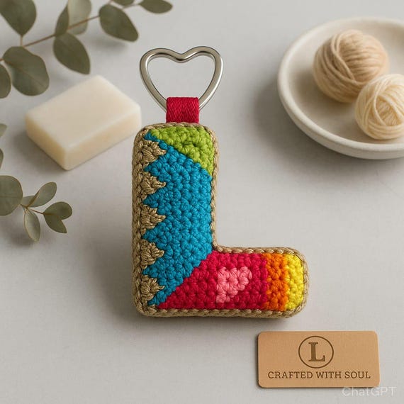 Crochet Letter L Keychain: Boho Bag Charm With Heart Ring
