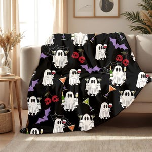 Halloween Cocktail Ghost Minky Blanket | Boozy Ghosts with Wine, Martinis & Champagne | Spooky Cute Fall Throw for Cozy Vibes