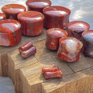 May include: A collection of red jasper stone plugs and tunnels in various sizes. The plugs are cylindrical with a flat top and bottom. The tunnels are a rounded, elongated shape. The stone has a natural, marbled appearance with variations in color.
