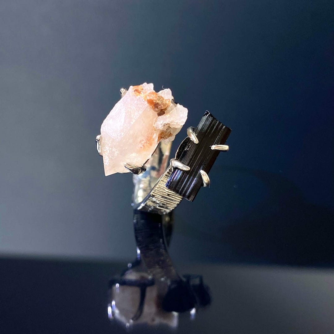 Raw Black Tourmaline, Quartz Cluster Ring, Adjustable Double Stone ...