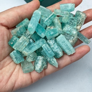 May include: A collection of raw, aquamarine crystals. The crystals are a pale blue-green colour, with a translucent appearance. They vary in size and shape, with a rough, natural texture. The crystals are held in an open hand.