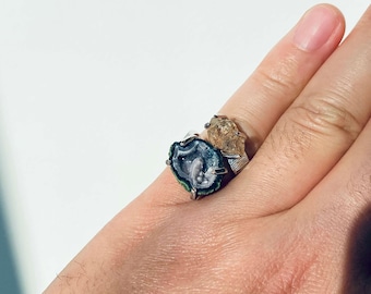 Druzy Geode & Raw Crystal Ring, verstellbarer Doppelstein-Quarz-Schmuck, funkelnd, einzigartig