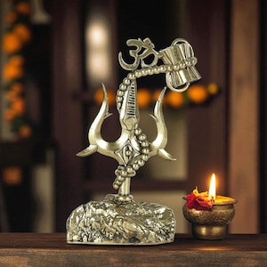 Handcrafted 4&quot; Brass Superfine Trishul with Damru & Om symbol-Sacred Lord Shiva Trident Sculpture-Hindu Religious decor and Meditation Gift.