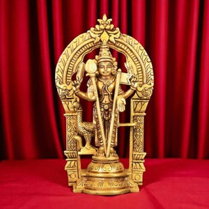 Handcrafted 10&quot; Brass Lord Murugan with Thiruvachi Arch, Vel & Kodi – Tamil Hindu God Kartikeya Idol for Pooja and Decor MADE TO ORDER 2.5KG