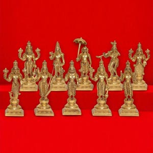 Brass Dashavatara Set – 10 Incarnations of Lord Vishnu–Handmade Hindu Deity Statues–Vishnu Avatar Idol Set for Pooja -MADE TO ORDER 25.500KG