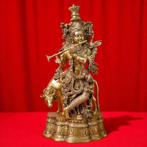 Handcrafted 23&quot; Brass Lord Krishna Statue with Cow | Hindu God Figurine | Flute Playing Krishna Murti for Home Decor MADE TO ORDER 17KG