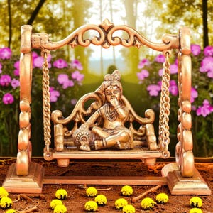 Handcrafted 8&quot; Brass Baby Krishna on Swing | Hindu God Idol | Bal Gopal Jhula Statue for Home Decor & Pooja MADE TO ORDER 2.350KG