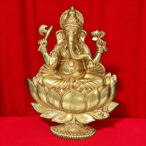 Handcrafted 18.5&quot; Brass Lord Ganesha Idol on Lotus – Hindu God of Wisdom and Prosperity | Ganpati Murti MADE TO ORDER 8.600kg (Wall Hanging)