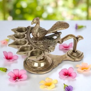 Brass Peacock Oil Lamp | Traditional Indian Deepam with Handle | Handcrafted Pooja Diya for Temple & Festive Decor