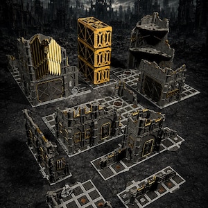 May include: A tabletop gaming terrain set titled Armored Set Classic Edition 11th Edition, featuring gray modular building ruins with gold accents, including wall sections, corner structures, and a vertical stack of three yellow-framed containers.