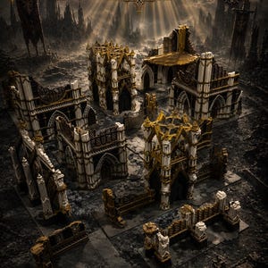May include: A set of Nugoth Grimdark Gothic Ruins terrain for a 60" x 44" full table. The collection features white and gold architectural structures with pointed arches, ornate pillars, and ruined walls, designed for an 11th edition tabletop game.