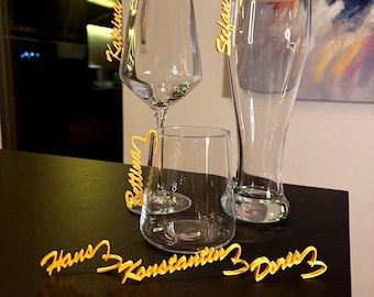 Name tags for glasses | Personalized glass markers with heart 3D lettering, matte colors. Perfect for weddings, birthdays, dinner parties, and family celebrations.