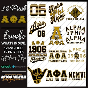 Può includere: Un pacchetto di design digitale nero e oro con grafica della confraternita Alpha Phi Alpha. Include file SVG e PNG, con testo che recita "12 Pack Bundle" e "Get Yours Today!" per gli utenti di Cricut e Silhouette.
