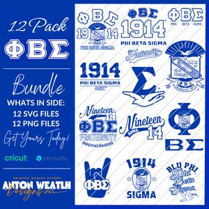 Könnte beinhalten: Ein digitales Design-Bundle in Blau und Weiß mit verschiedenen Grafiken der Phi Beta Sigma Bruderschaft. Das Bundle enthält 12 SVG- und 12 PNG-Dateien. Der Text enthält "12 Pack Bundle", "Get Yours Today!" und "Anton Weatlh Designs".