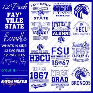 Può includere: Un pacchetto digitale di grafica della Fayetteville State University (FSU) in blu e bianco. I disegni includono loghi, testo e la mascotte dell'università, un cavallo. Il testo include "FSU", "Broncos", "HBCU" e "Alumni". Il pacchetto include 12 file SVG e 12 PNG.